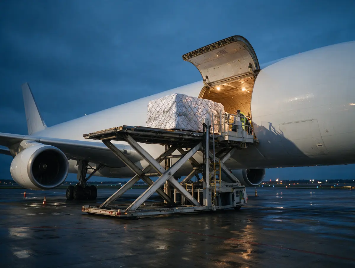 A high-loader lifting a shrink-wrapped ULD pallet into a freighter at dusk