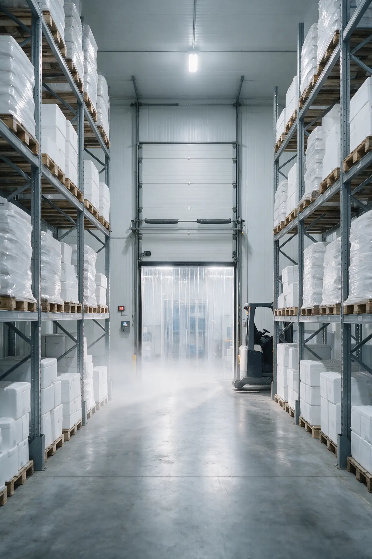 Temperature-controlled storage: racking with wrapped pallets behind a strip curtain