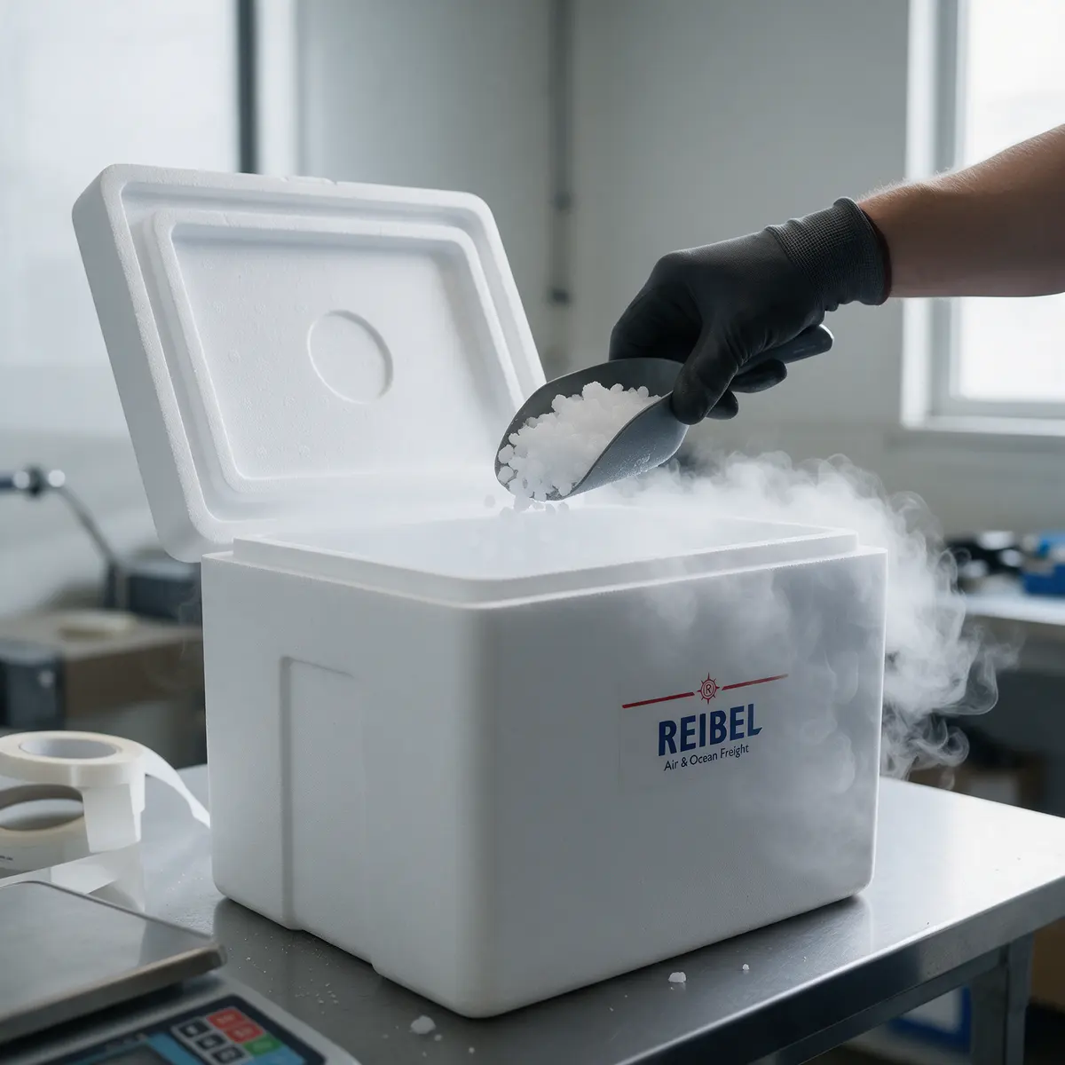 Packing an insulated shipping box with dry ice at a dry-ice station