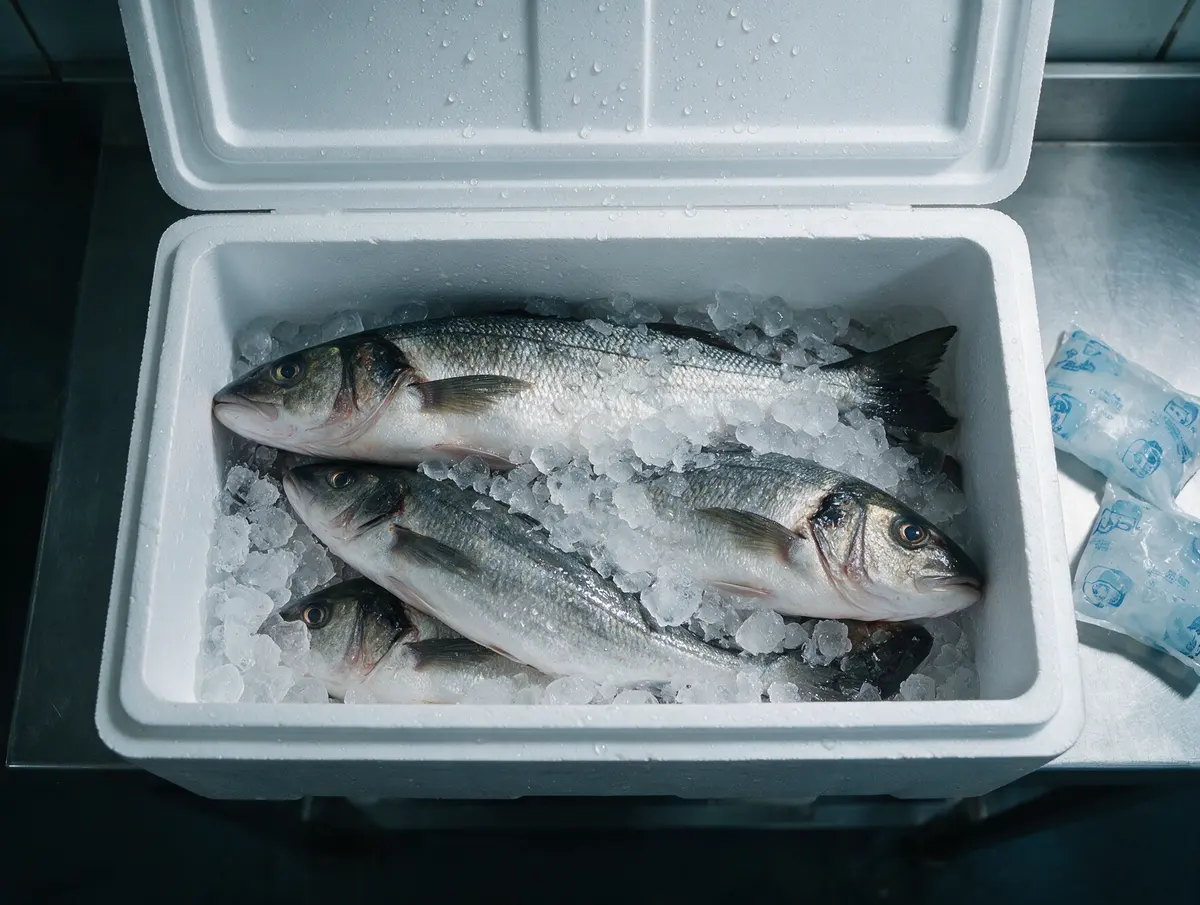 Fresh fish on crushed ice in an insulated box