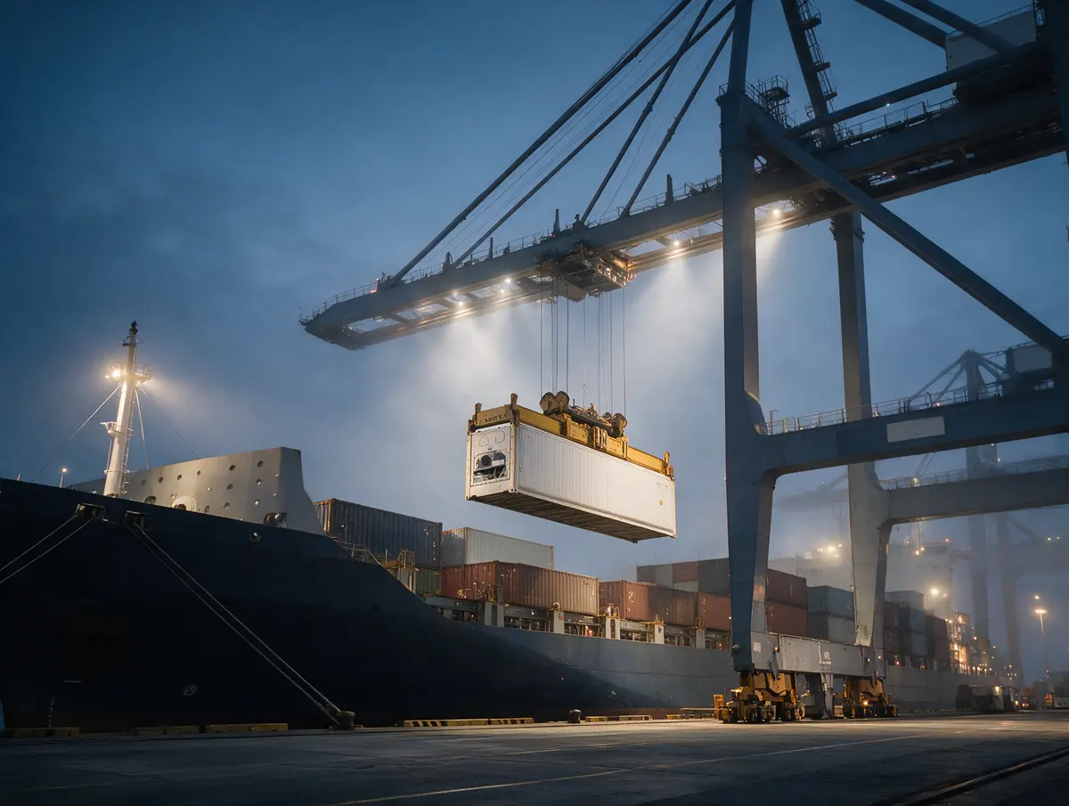 A ship-to-shore crane lifting a reefer container at dusk
