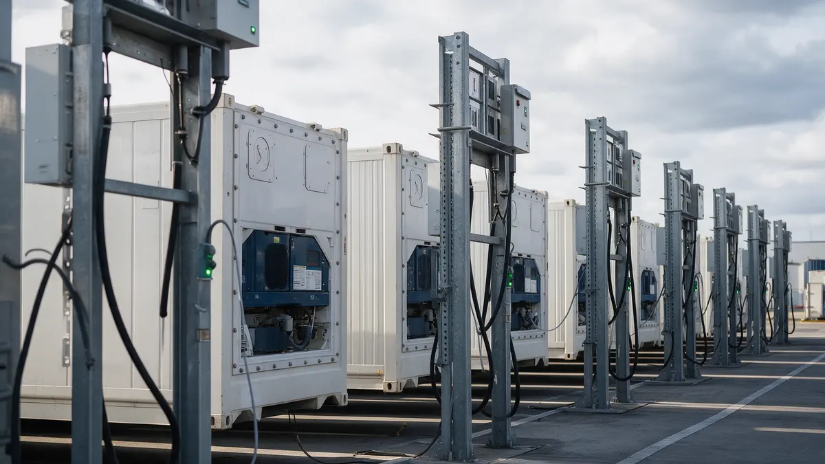 Reefer containers plugged in at a container terminal