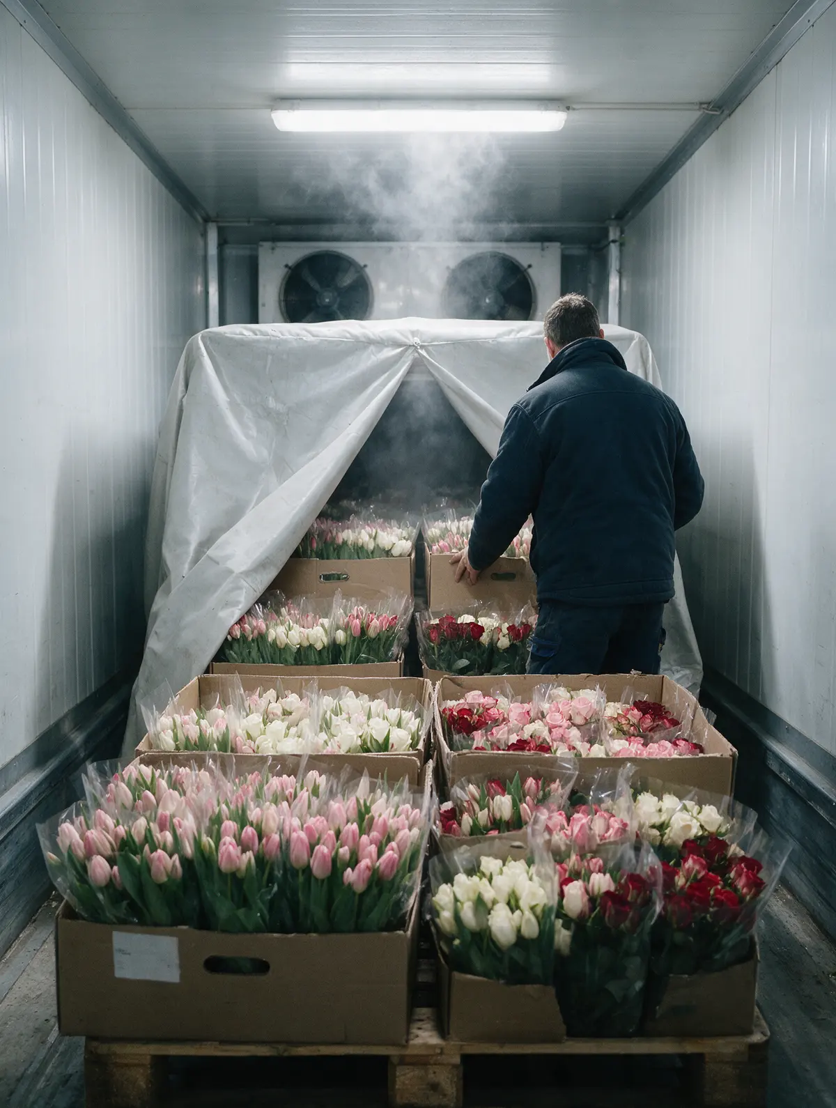 Pre-cooling boxes of tulips and roses in a cold room