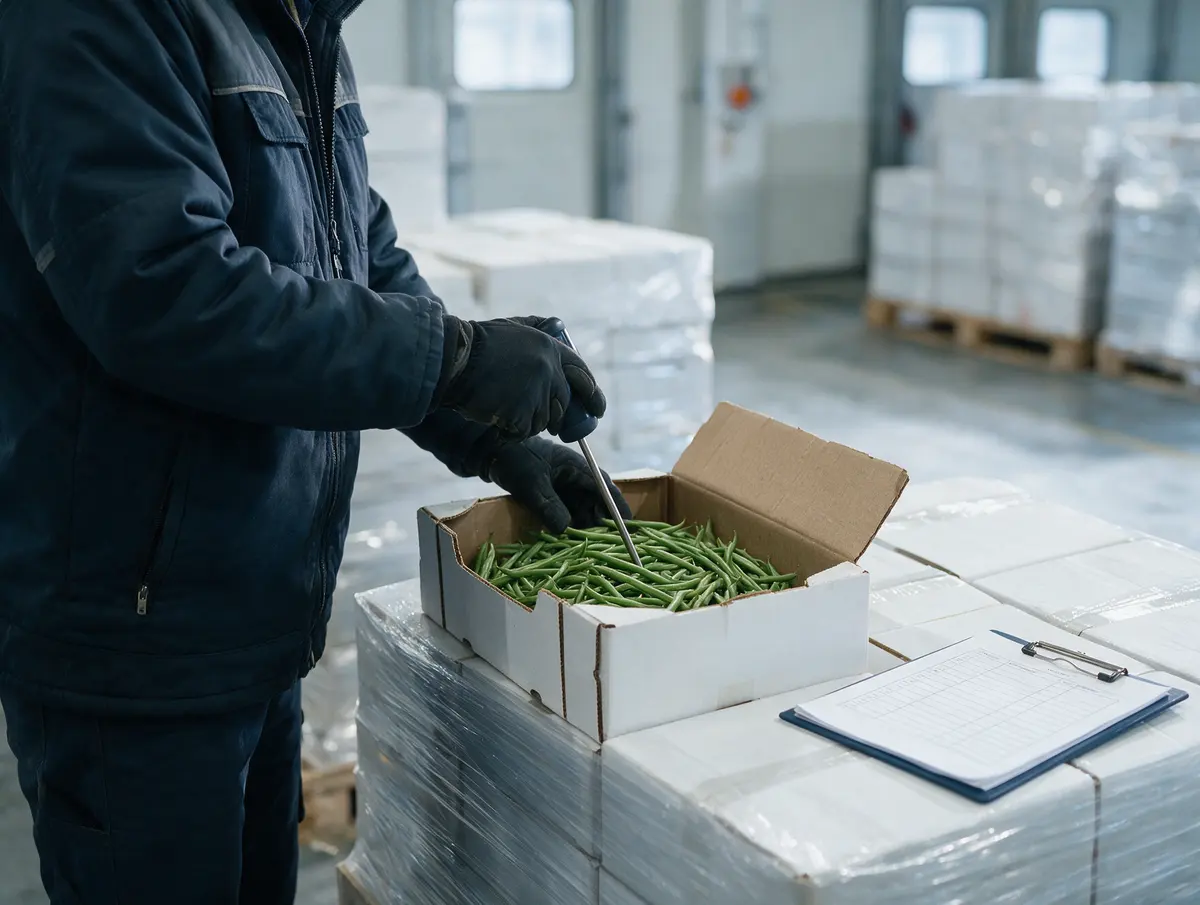 Quality check with a probe thermometer on fresh green beans