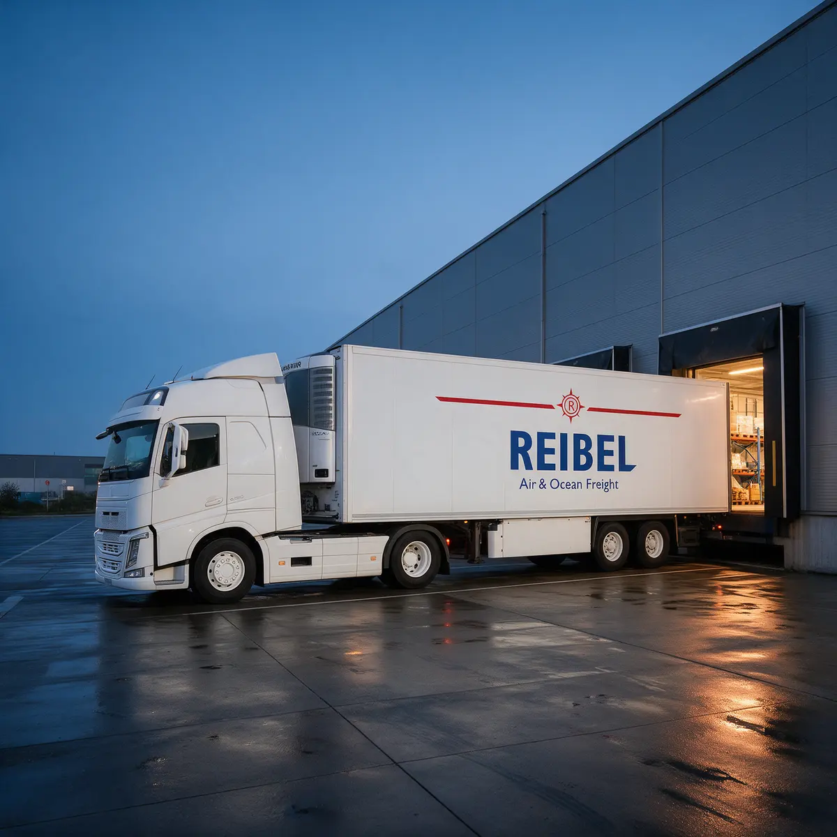 A Reibel refrigerated truck at a loading dock at dusk