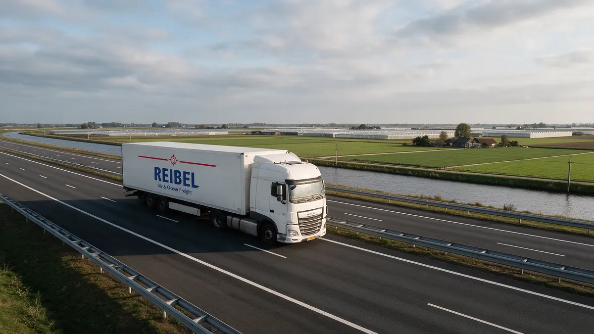 A Reibel refrigerated truck on a Dutch motorway through the polder