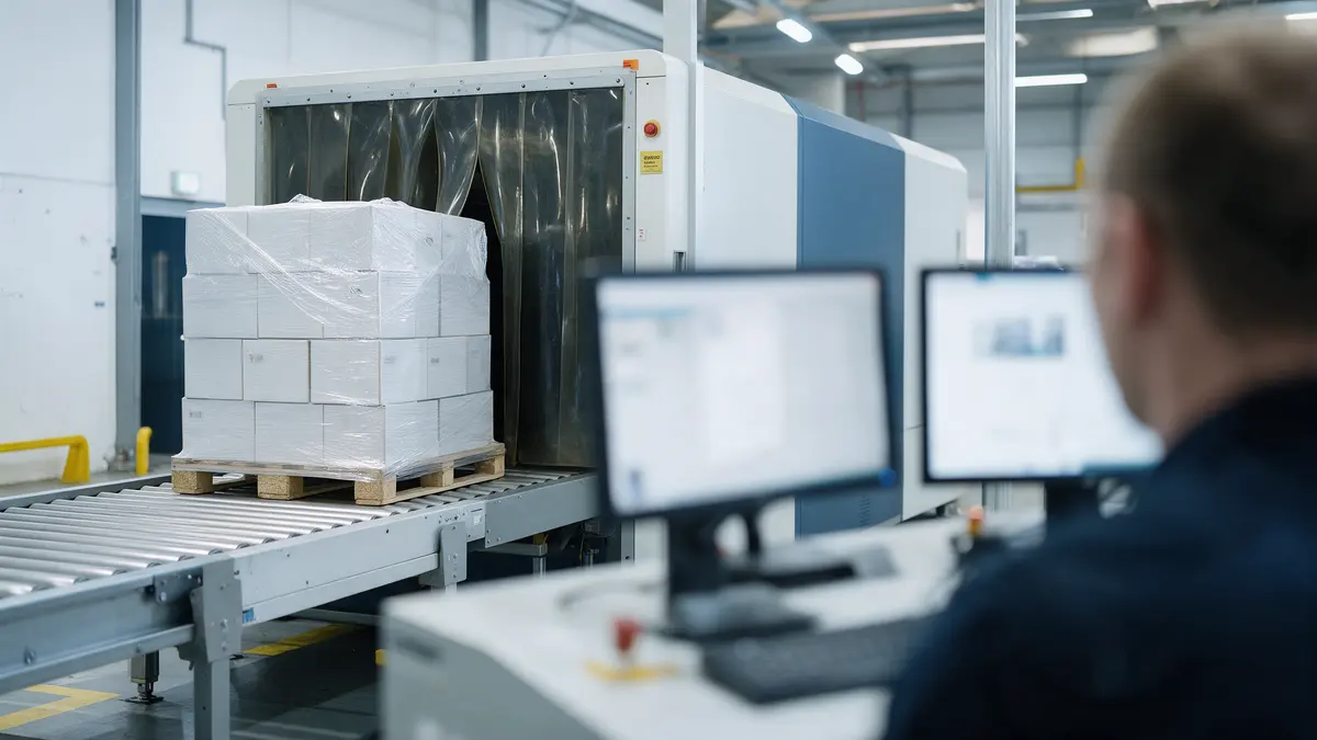 Security screening: a pallet entering a cargo x-ray scanner